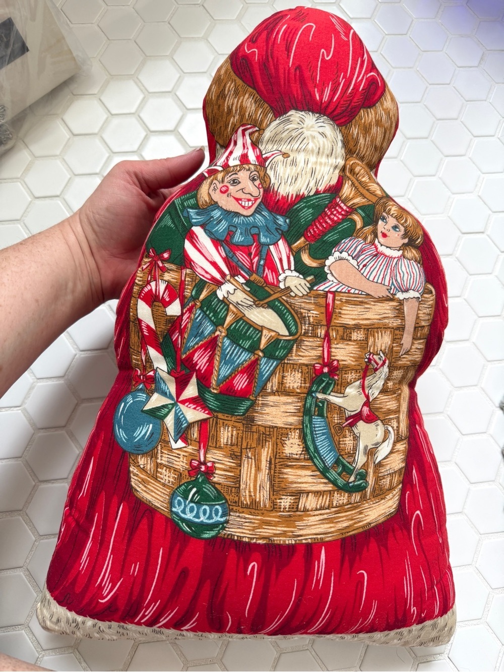 Vintage 1980s Horchow Santa Claus Christmas Throw Pillow Teddy Bear Holiday Deco - Picture 3 of 4